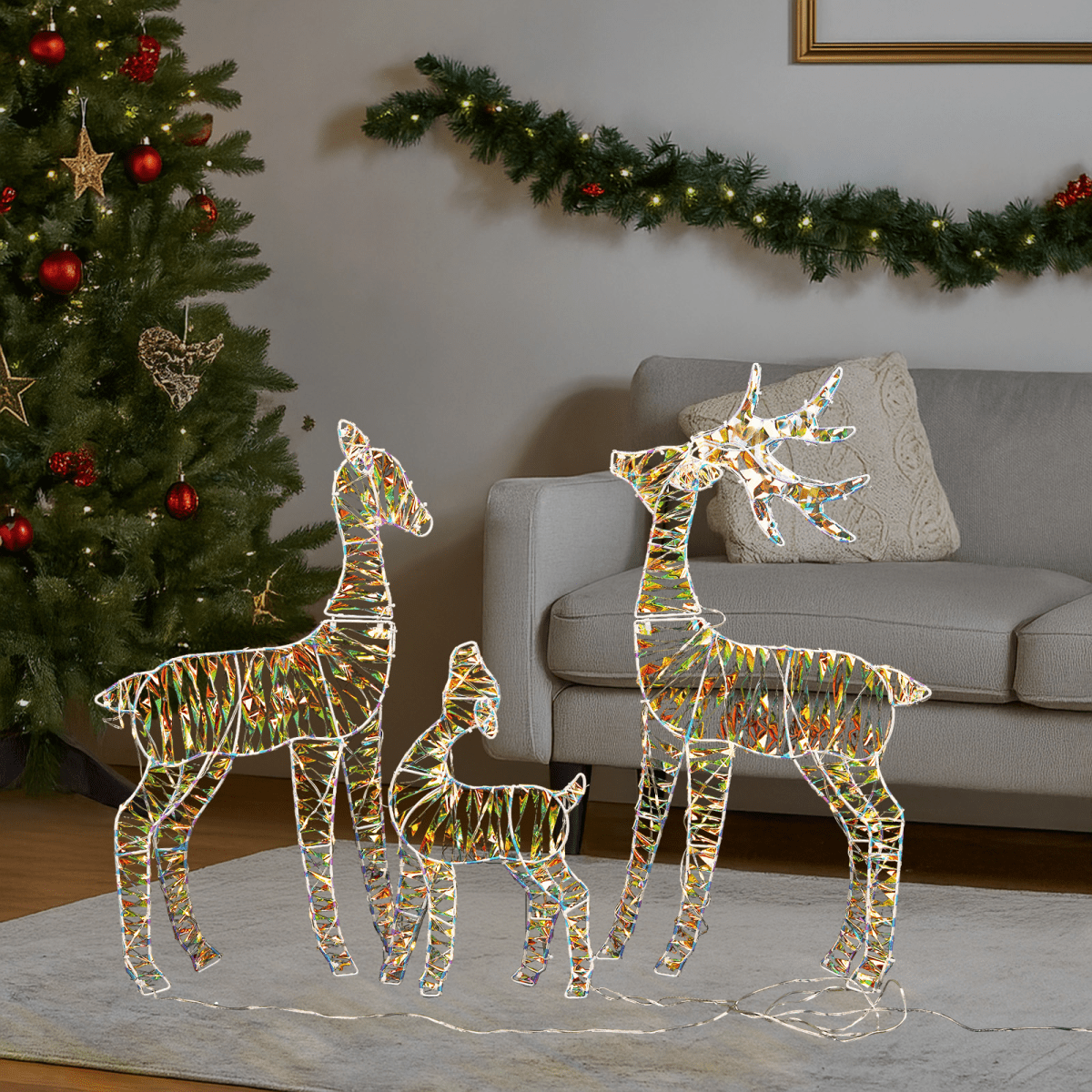 3-Piece Lighted Iridescent Christmas Reindeer Family Set Outdoor Decorations, Weather Proof Deer Family Set of 3 Christmas Ornament Home Decor Pre-lit 110 LED Warm White Lights, 2.4FT - SGP Garden Ltd