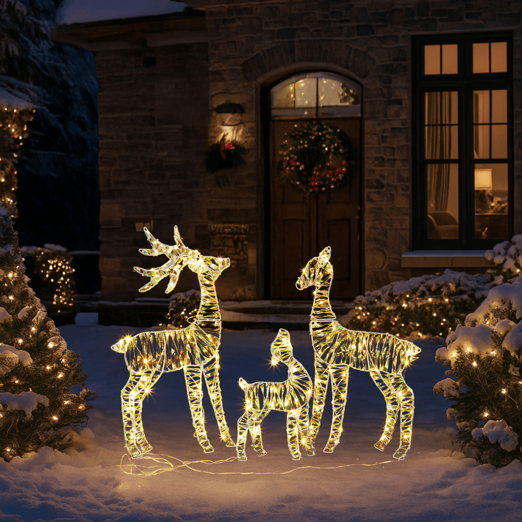 3-Piece Lighted Iridescent Christmas Reindeer Family Set Outdoor Decorations, Weather Proof Deer Family Set of 3 Christmas Ornament Home Decor Pre-lit 110 LED Warm White Lights, 2.4FT - SGP Garden Ltd