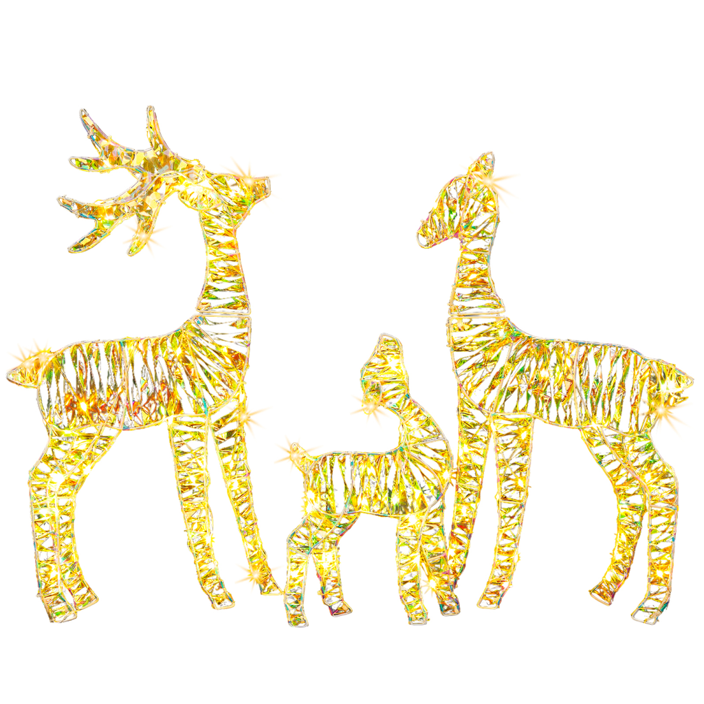 3-Piece Lighted Iridescent Christmas Reindeer Family Set Outdoor Decorations, Weather Proof Deer Family Set of 3 Christmas Ornament Home Decor Pre-lit 110 LED Warm White Lights, 2.4FT - SGP Garden Ltd