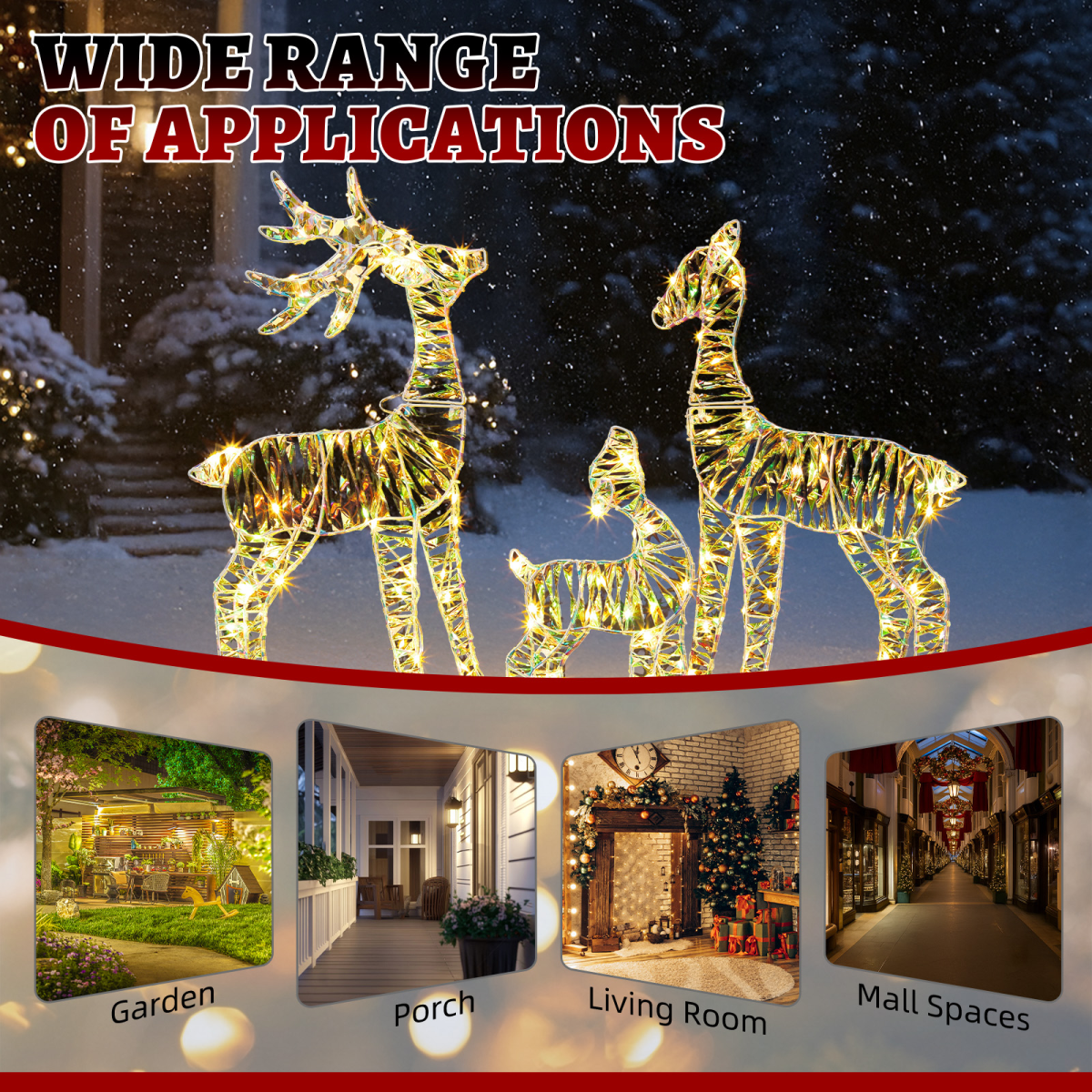 3-Piece Lighted Iridescent Christmas Reindeer Family Set Outdoor Decorations, Weather Proof Deer Family Set of 3 Christmas Ornament Home Decor Pre-lit 110 LED Warm White Lights, 2.4FT - SGP Garden Ltd