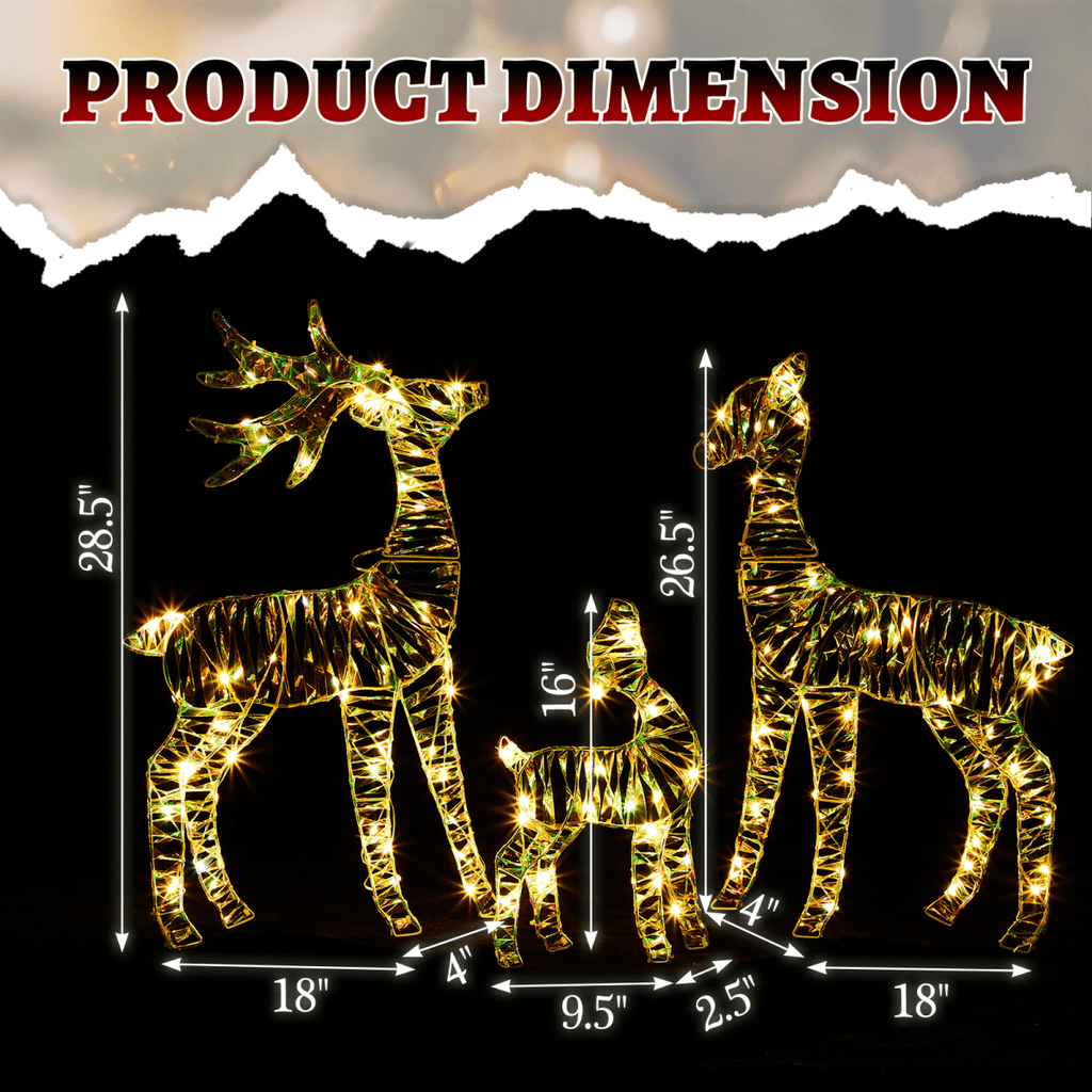 3-Piece Lighted Iridescent Christmas Reindeer Family Set Outdoor Decorations, Weather Proof Deer Family Set of 3 Christmas Ornament Home Decor Pre-lit 110 LED Warm White Lights, 2.4FT - SGP Garden Ltd