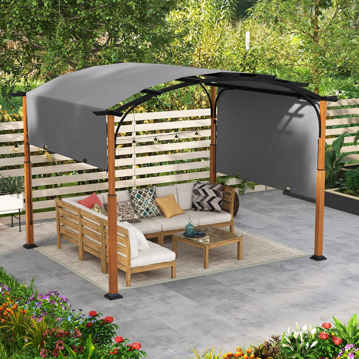 300 x 360 cm Retractable Pergola Arched Patio Pergola with Sun Shade Canopy-Beige - SGP Garden Ltd