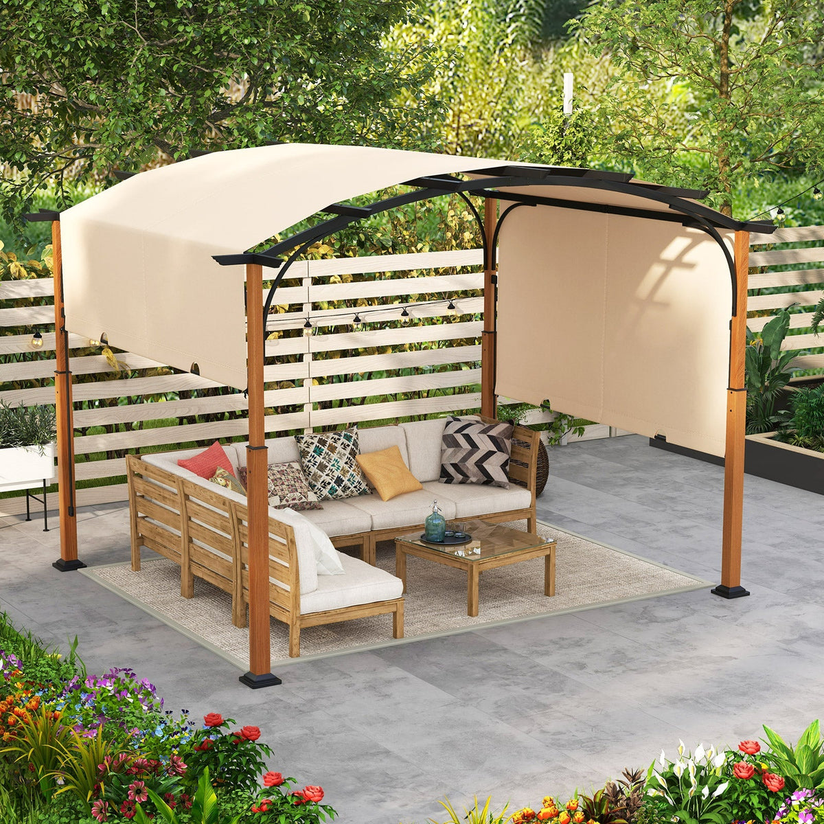 300 x 360 cm Retractable Pergola Arched Patio Pergola with Sun Shade Canopy-Beige - SGP Garden Ltd