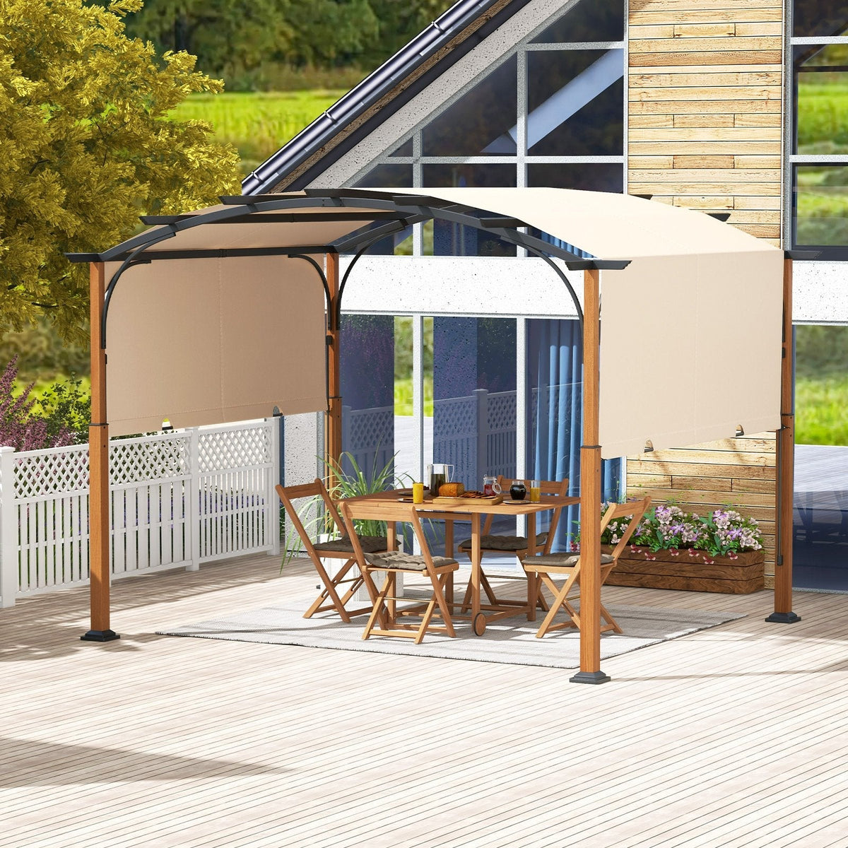 300 x 360 cm Retractable Pergola Arched Patio Pergola with Sun Shade Canopy-Beige - SGP Garden Ltd