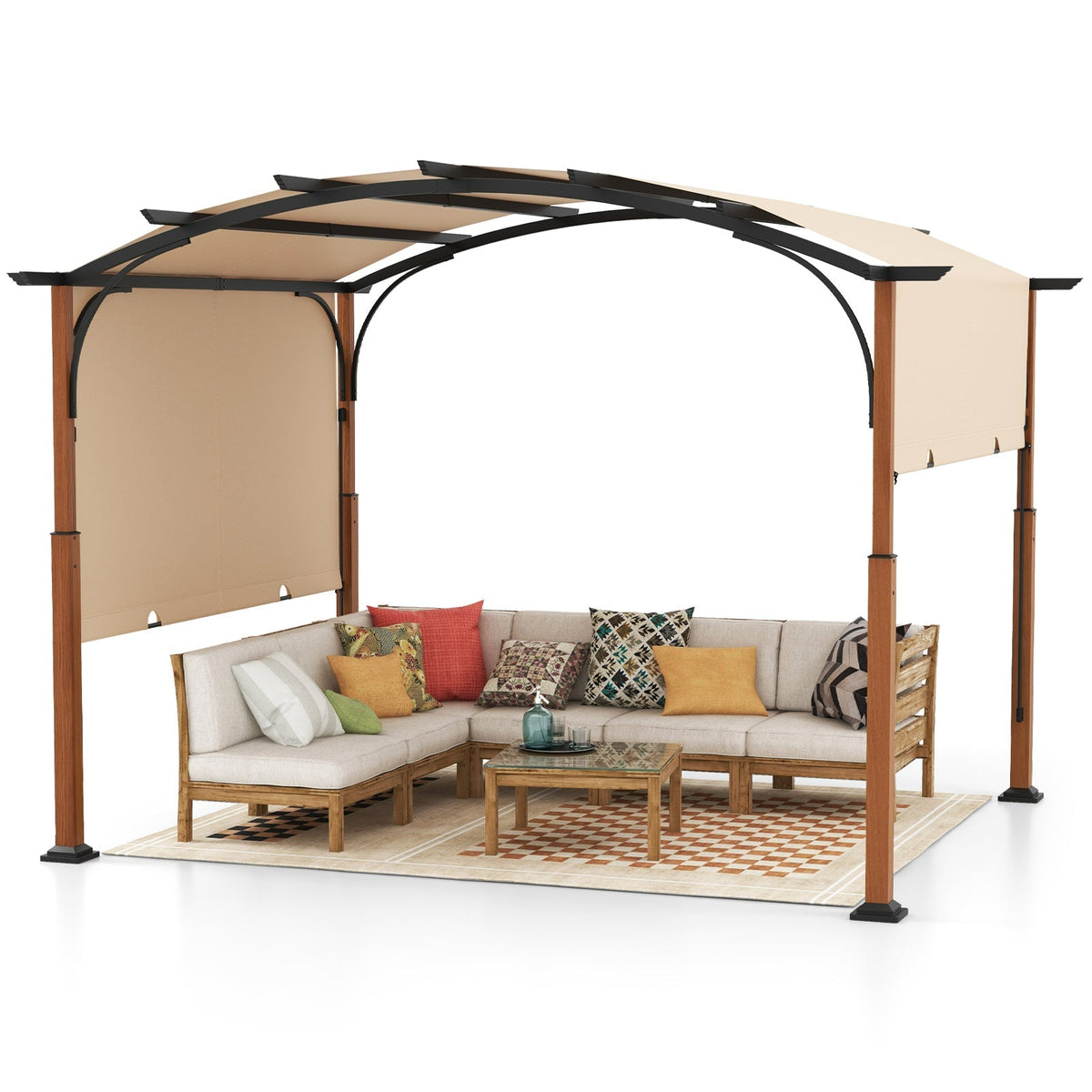 300 x 360 cm Retractable Pergola Arched Patio Pergola with Sun Shade Canopy-Beige - SGP Garden Ltd