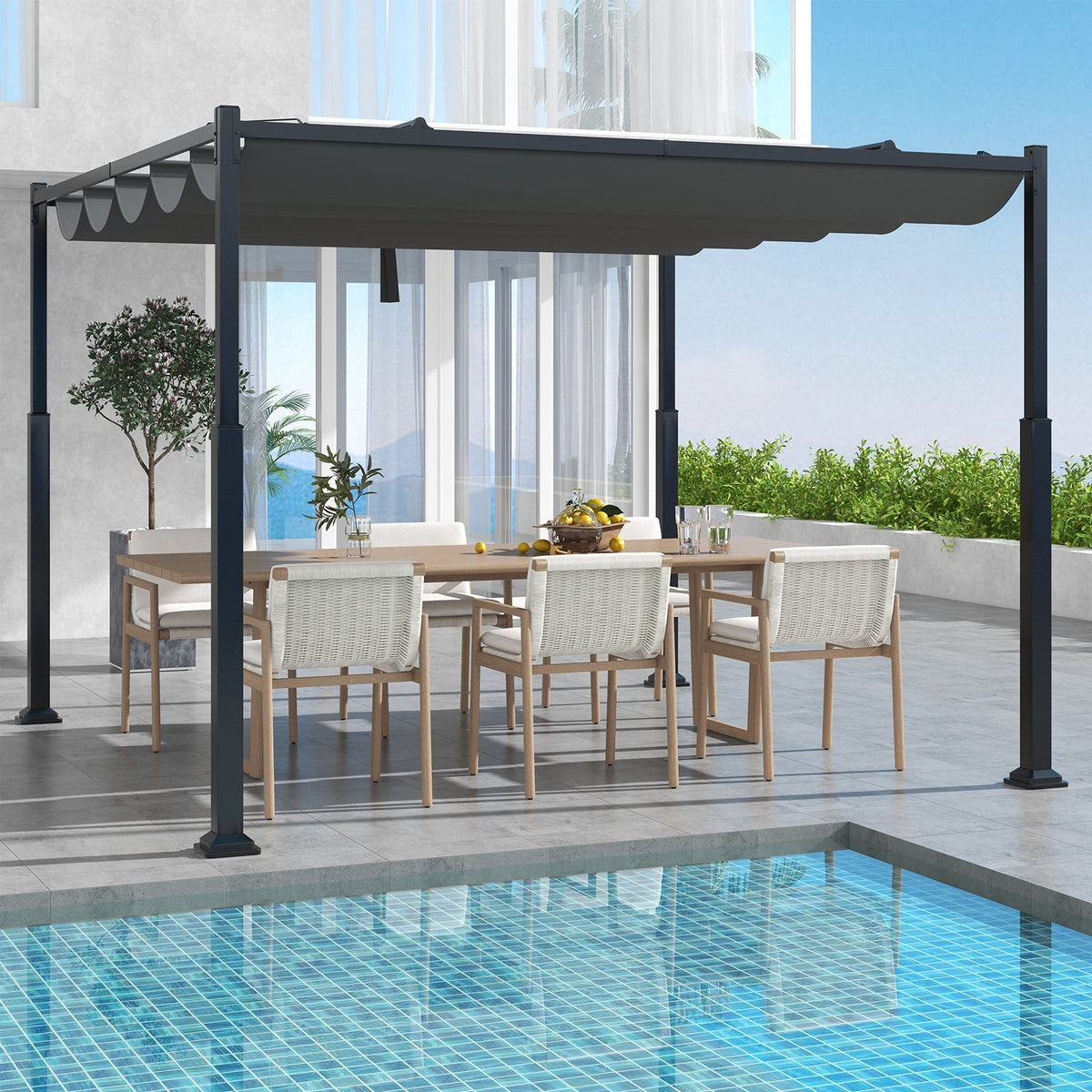 310 x 310 cm Outdoor Pergola with Retractable Canopy-Black and Grey - SGP Garden Ltd
