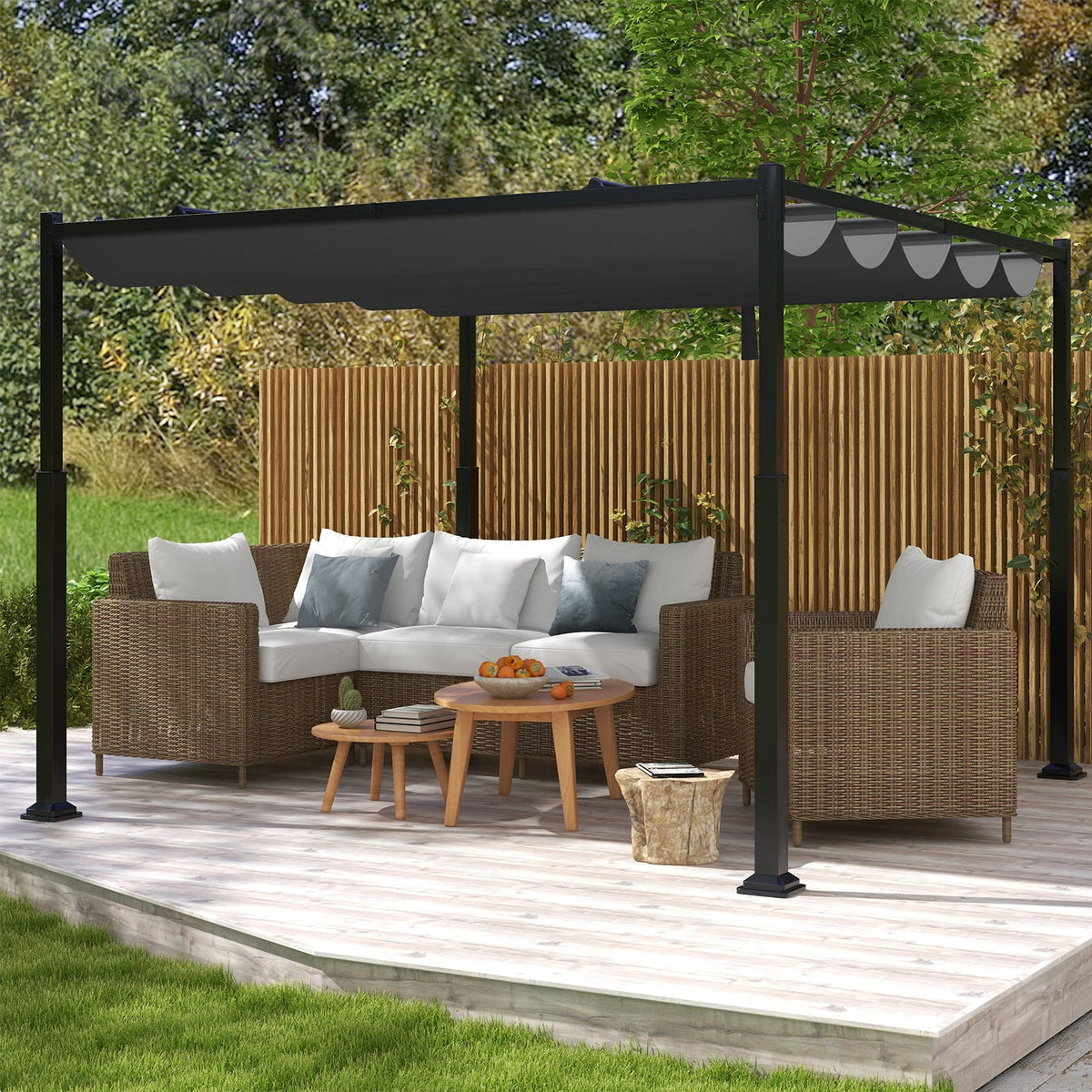 310 x 310 cm Outdoor Pergola with Retractable Canopy-Black and Grey - SGP Garden Ltd