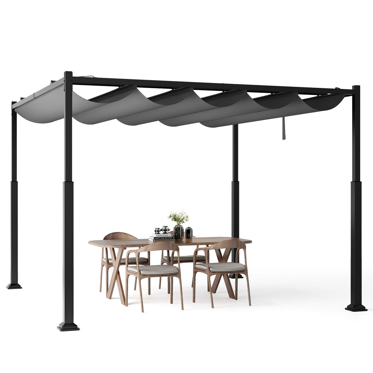 310 x 310 cm Outdoor Pergola with Retractable Canopy-Black and Grey - SGP Garden Ltd