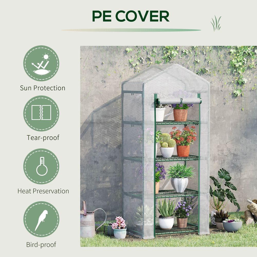4 Tier Mini Greenhouse, Portable with Steel Frame, PE Cover, 160x69x50cm - SGP Garden Ltd
