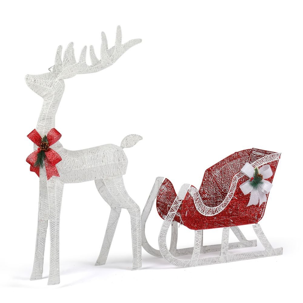 4ft Lighted Christmas Reindeer & Sleigh Outdoor Yard Decoration Set with LED Lights, Red & White - SGP Garden Ltd
