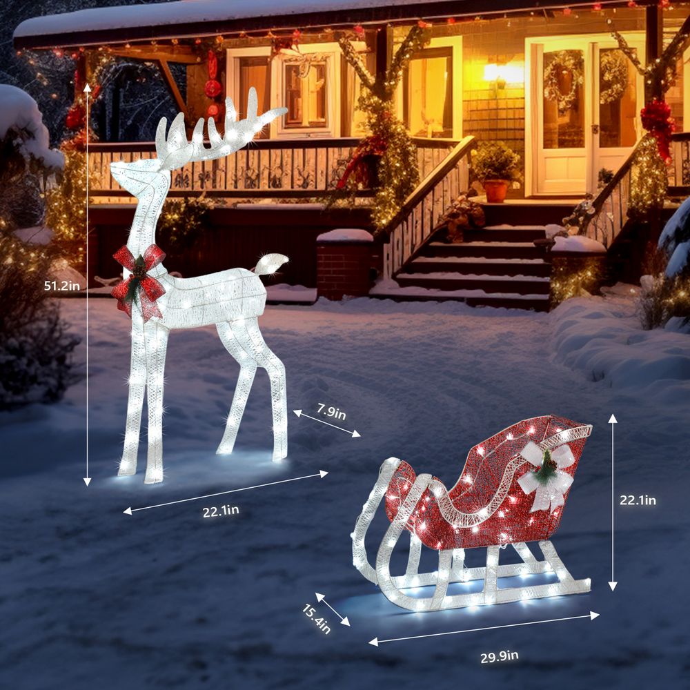 4ft Lighted Christmas Reindeer & Sleigh Outdoor Yard Decoration Set with LED Lights, Red & White - SGP Garden Ltd