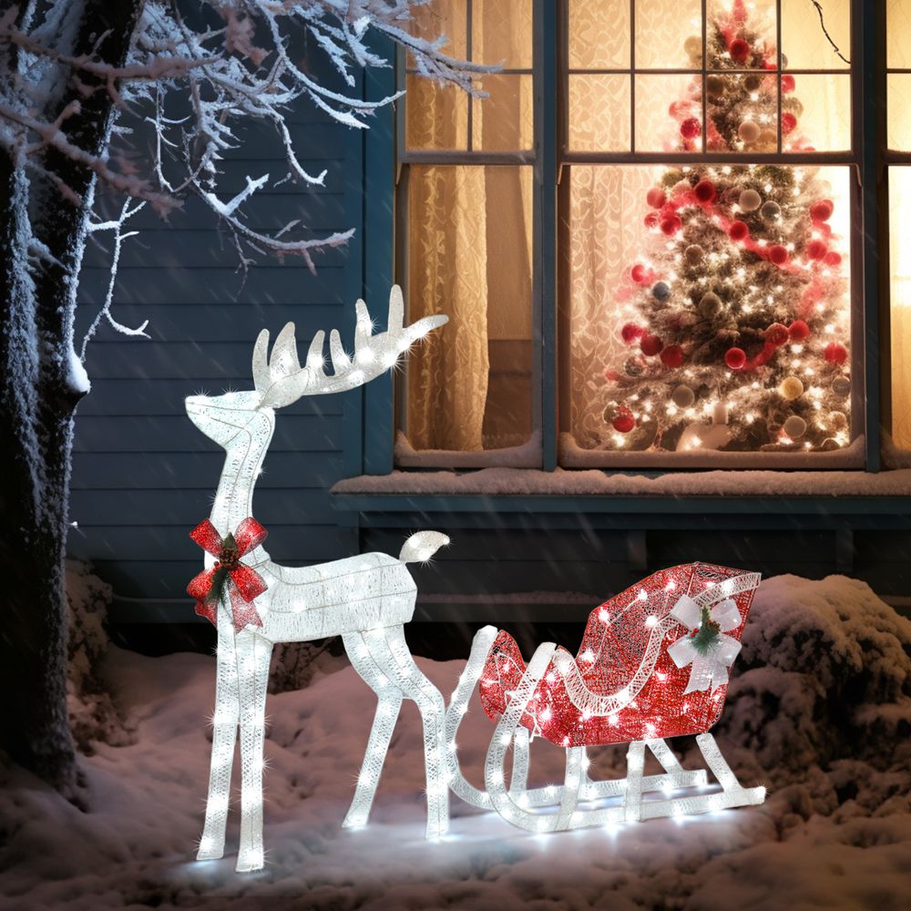 4ft Lighted Christmas Reindeer & Sleigh Outdoor Yard Decoration Set with LED Lights, Red & White - SGP Garden Ltd