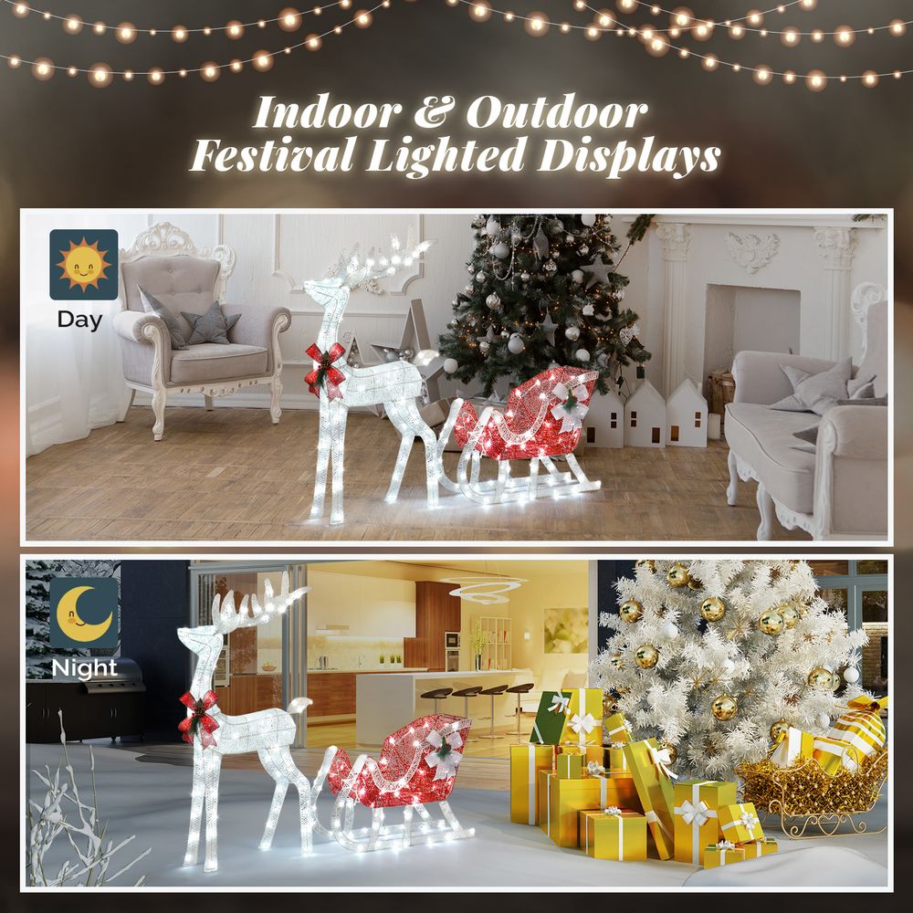 4ft Lighted Christmas Reindeer & Sleigh Outdoor Yard Decoration Set with LED Lights, Red & White - SGP Garden Ltd
