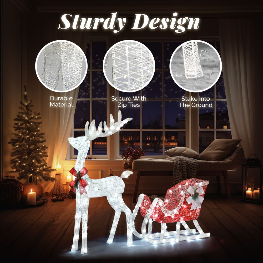 4ft Lighted Christmas Reindeer & Sleigh Outdoor Yard Decoration Set with LED Lights, Red & White - SGP Garden Ltd