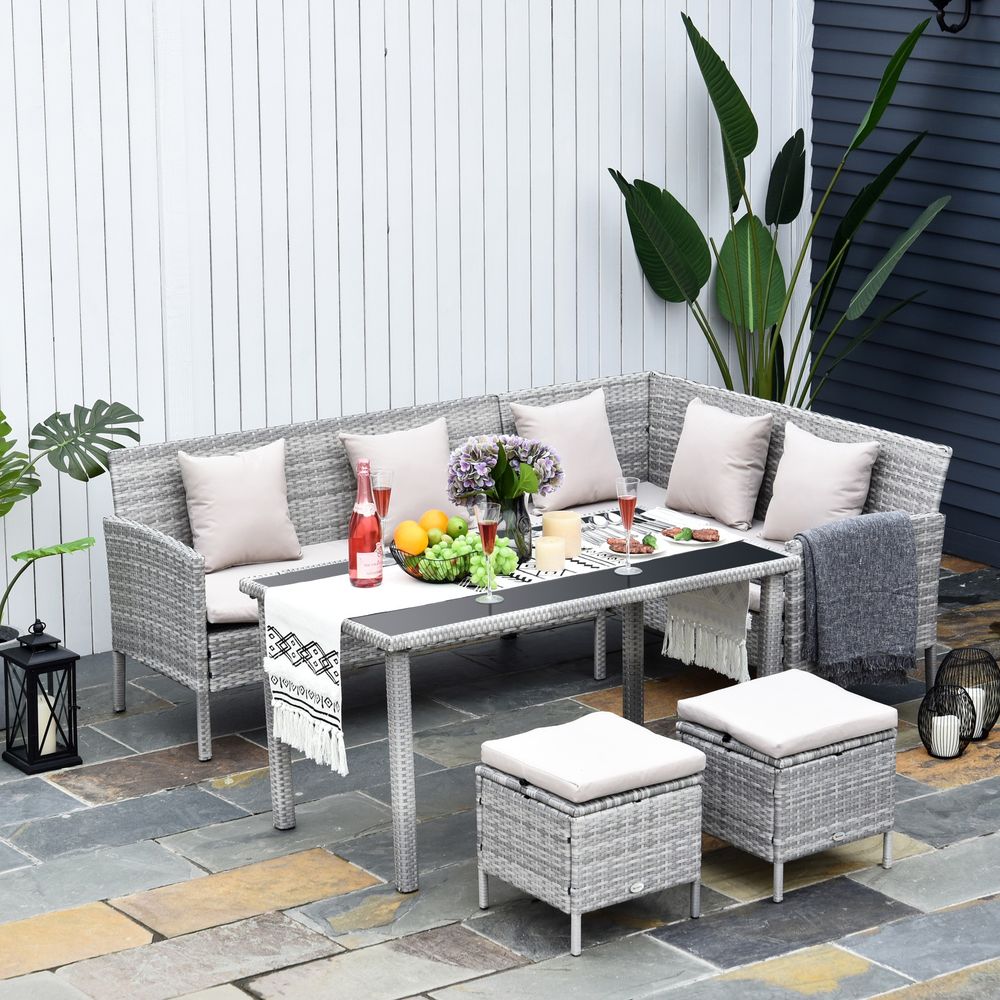 5 Pc Rattan Wicker Patio Dining Set - Outdoor Furniture with Table, Stool and Lounge | Weather-Resistant,  SGP Garden Ltd