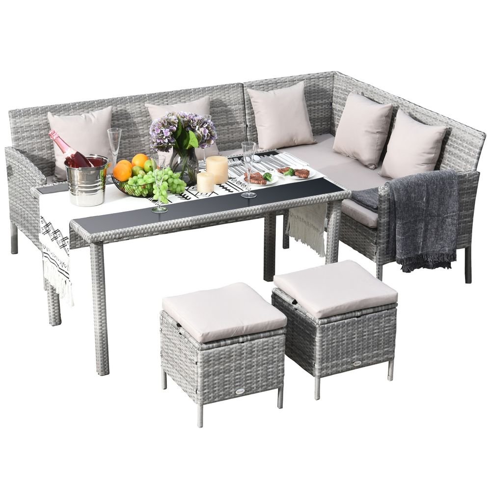 5 Pc Rattan Wicker Patio Dining Set - Outdoor Furniture with Table, Stool and Lounge | Weather-Resistant,  SGP Garden Ltd