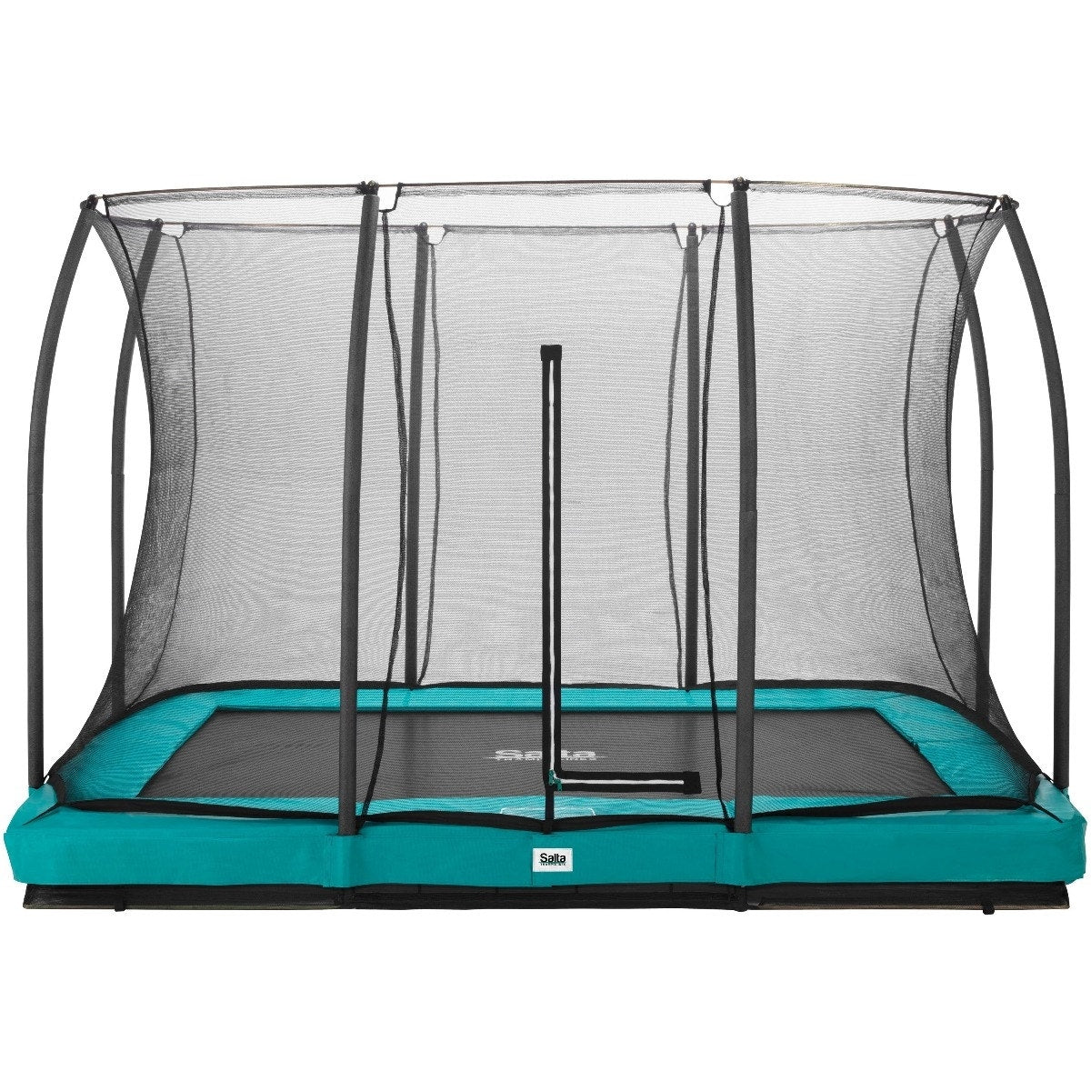 Teal trampoline with safety net on a white background
