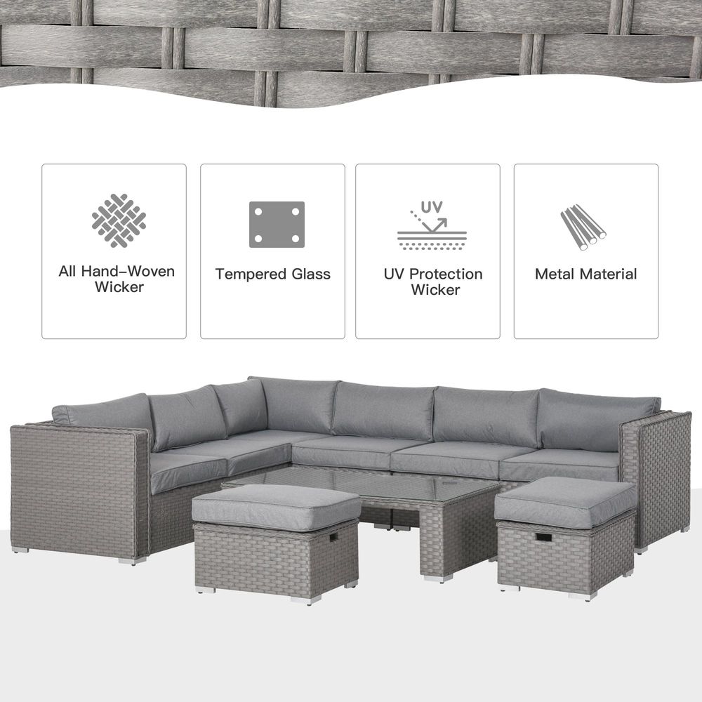 6 PCs PE Rattan Wicker Corner Sofa Set - Grey | Coffee Table & Footstool w/ Cushion | Outdoor Furniture f- SGP Garden Ltd
