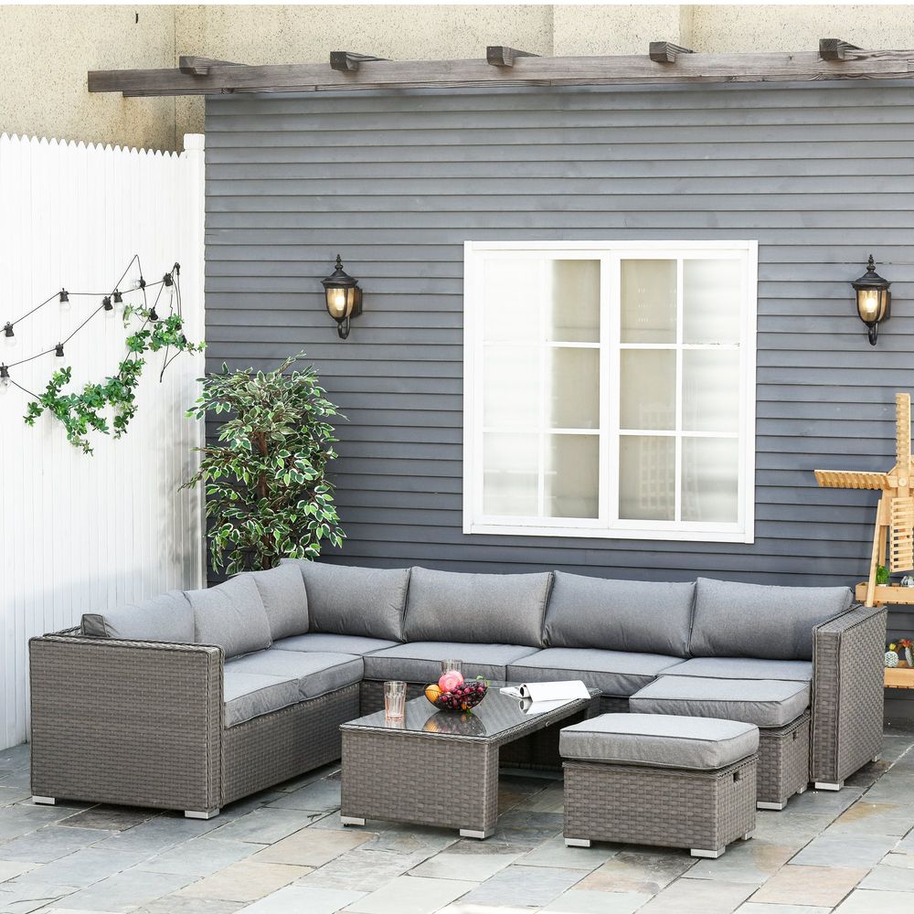 6 PCs PE Rattan Wicker Corner Sofa Set - Grey | Coffee Table & Footstool w/ Cushion | Outdoor Furniture f- SGP Garden Ltd