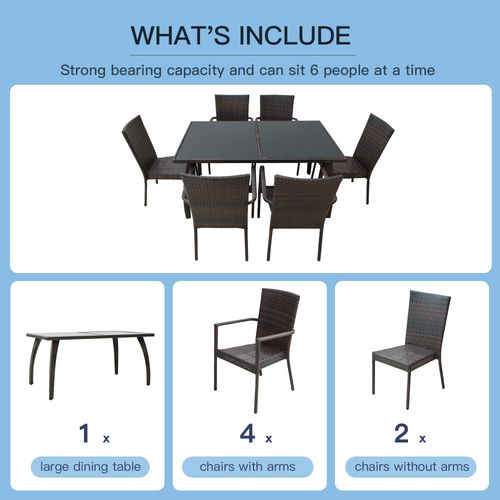 6-Seater Brown Rattan Garden Furniture Tempered Glass Table - SGP Garden Ltd