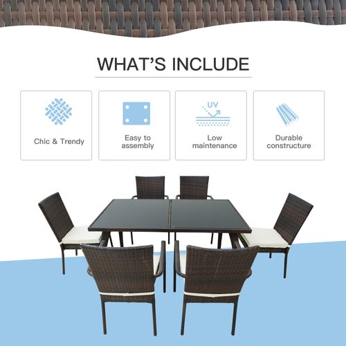 6-Seater Brown Rattan Garden Furniture Tempered Glass Table - SGP Garden Ltd