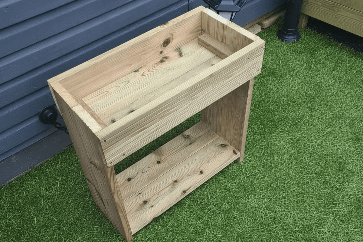 60cm high wooden garden troughs on legs with bottom shelf - SGP Garden Ltd