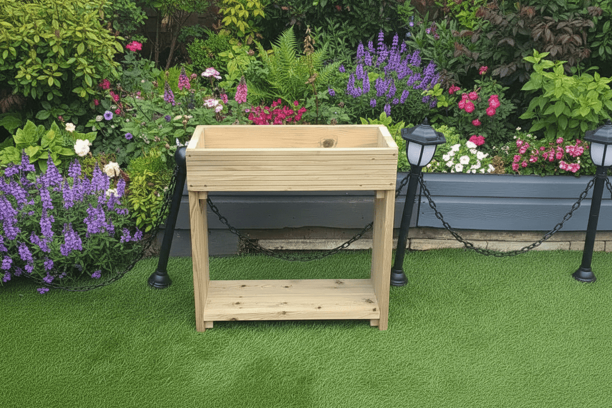 60cm high wooden garden troughs on legs with bottom shelf - SGP Garden Ltd