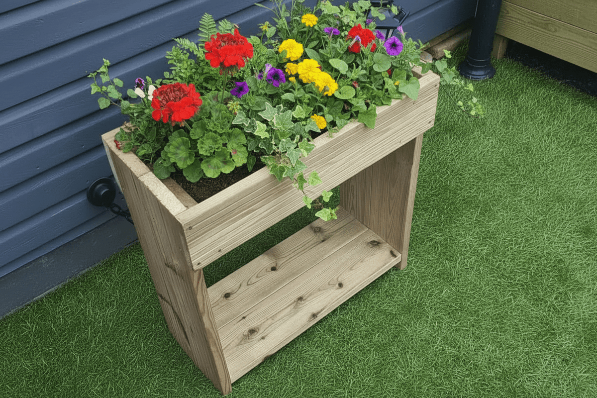 60cm high wooden garden troughs on legs with bottom shelf - SGP Garden Ltd