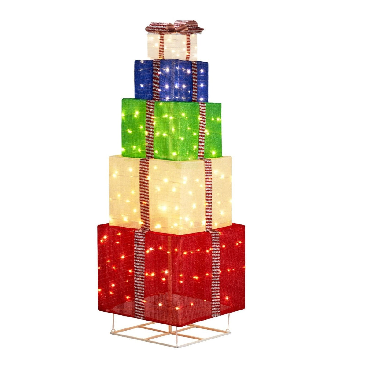 6FT Lighted Gift Box Tower, Pre-lit Pull Up Present Boxes with 200 LED Warm White Lights and Ropes Stakes for Christmas Outdoor Indoor Decorations Lighted Holiday Displays, Multicolor - SGP Garden Ltd