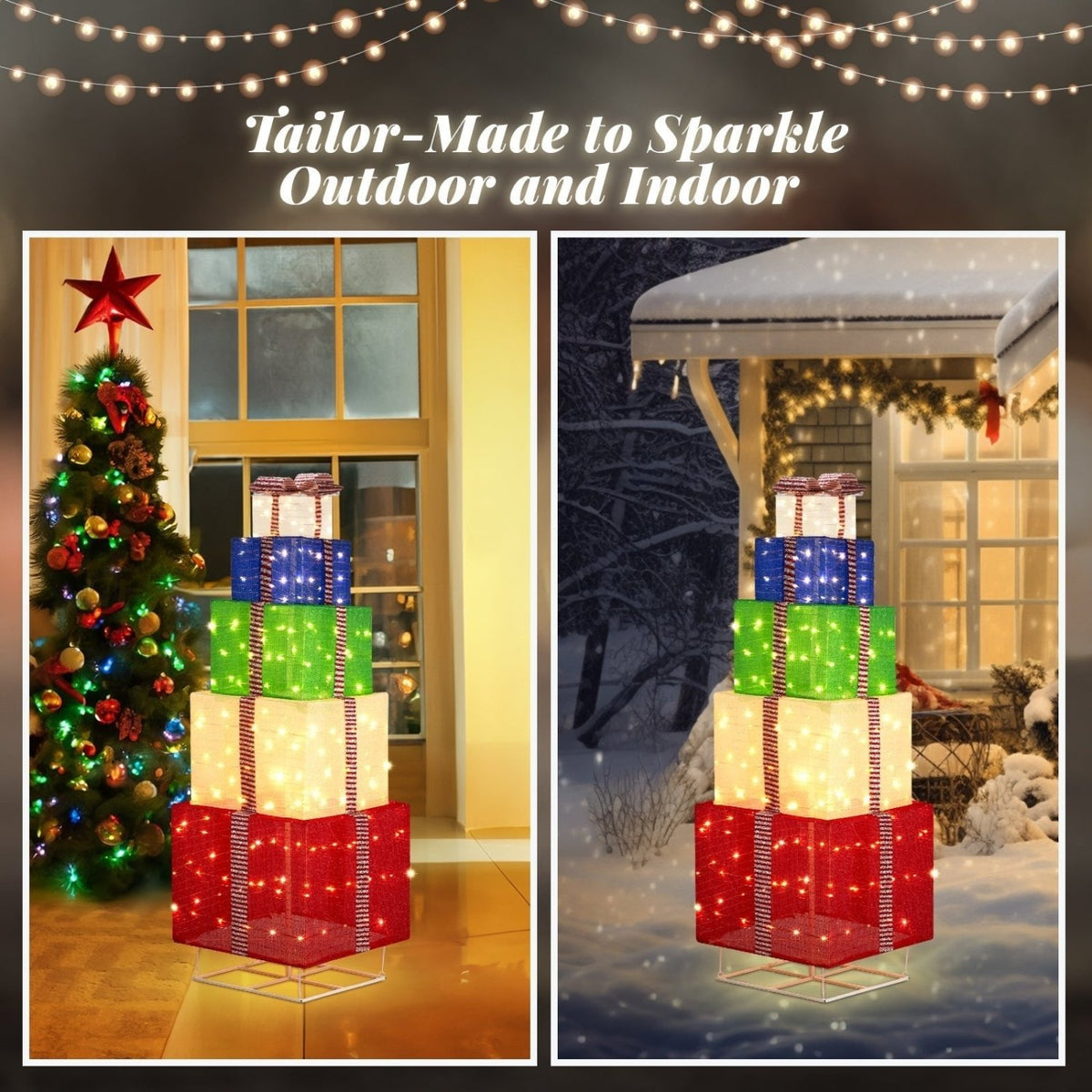 6FT Lighted Gift Box Tower, Pre-lit Pull Up Present Boxes with 200 LED Warm White Lights and Ropes Stakes for Christmas Outdoor Indoor Decorations Lighted Holiday Displays, Multicolor - SGP Garden Ltd
