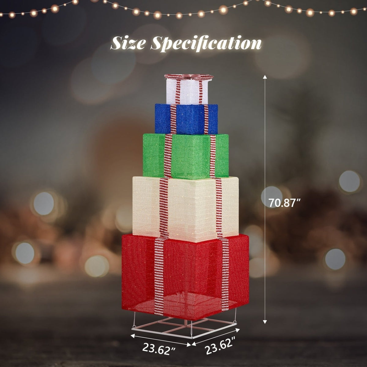 6FT Lighted Gift Box Tower, Pre-lit Pull Up Present Boxes with 200 LED Warm White Lights and Ropes Stakes for Christmas Outdoor Indoor Decorations Lighted Holiday Displays, Multicolor - SGP Garden Ltd