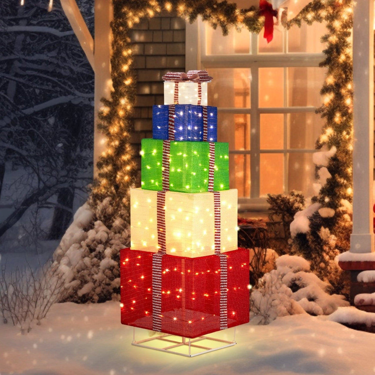 6FT Lighted Gift Box Tower, Pre-lit Pull Up Present Boxes with 200 LED Warm White Lights and Ropes Stakes for Christmas Outdoor Indoor Decorations Lighted Holiday Displays, Multicolor - SGP Garden Ltd