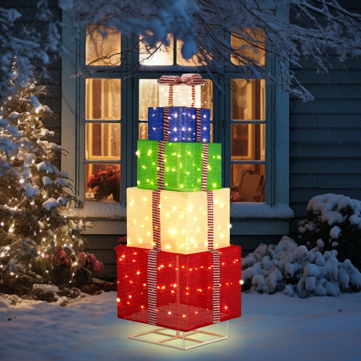 6FT Lighted Gift Box Tower, Pre-lit Pull Up Present Boxes with 200 LED Warm White Lights and Ropes Stakes for Christmas Outdoor Indoor Decorations Lighted Holiday Displays, Multicolor - SGP Garden Ltd