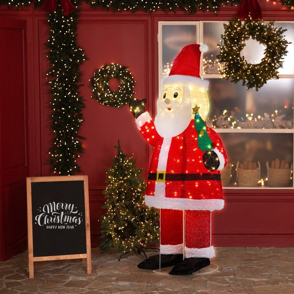 6FT Lighted Santa Christmas Yard Decorations, Pre-lit Pull Up Santa Waving Hand with 180 LED Warm White Lights and Ropes Stakes for Xmas Outdoor Holiday Indoor Decor Lighted Holiday Displays - SGP Garden Ltd