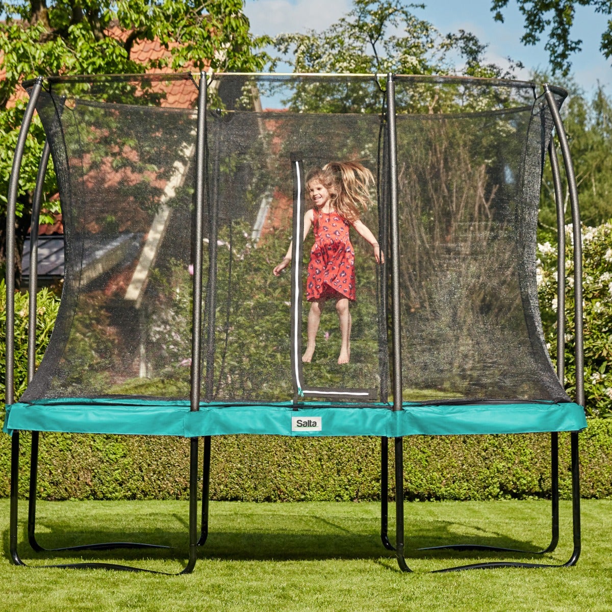 7ft x 5ft Salta Green Rectangular Comfort Edition Trampoline with Enclosure - SGP Garden Ltd