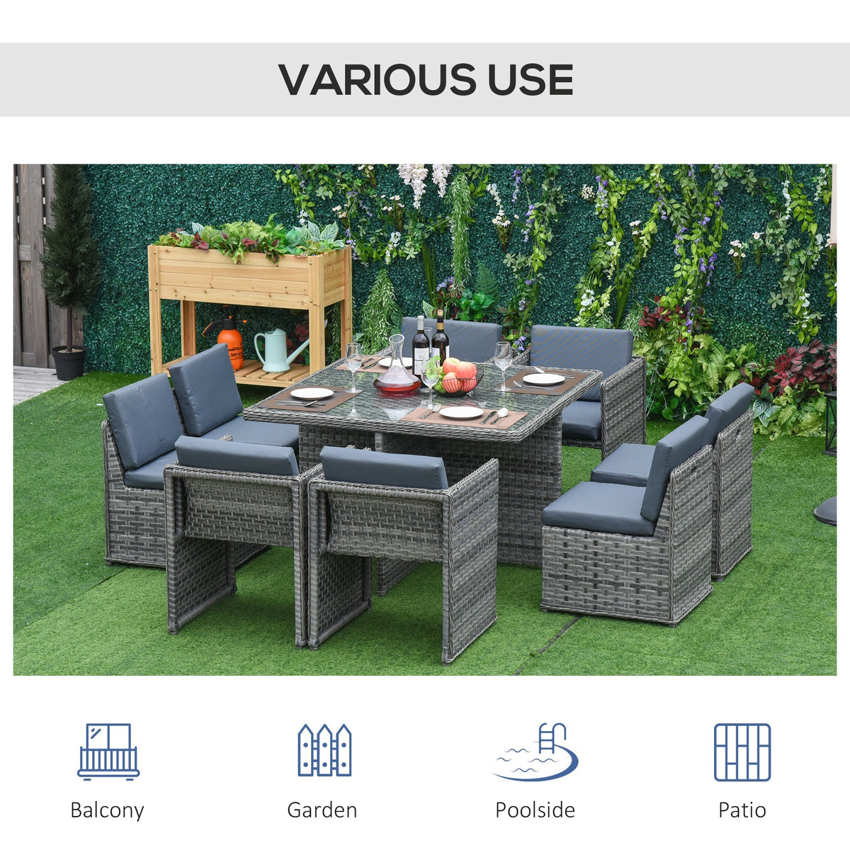 9 PCs Rattan Dining Table Chair Set 8-seater Cube Sofa & Umbrella Table Grey - SGP Garden Ltd