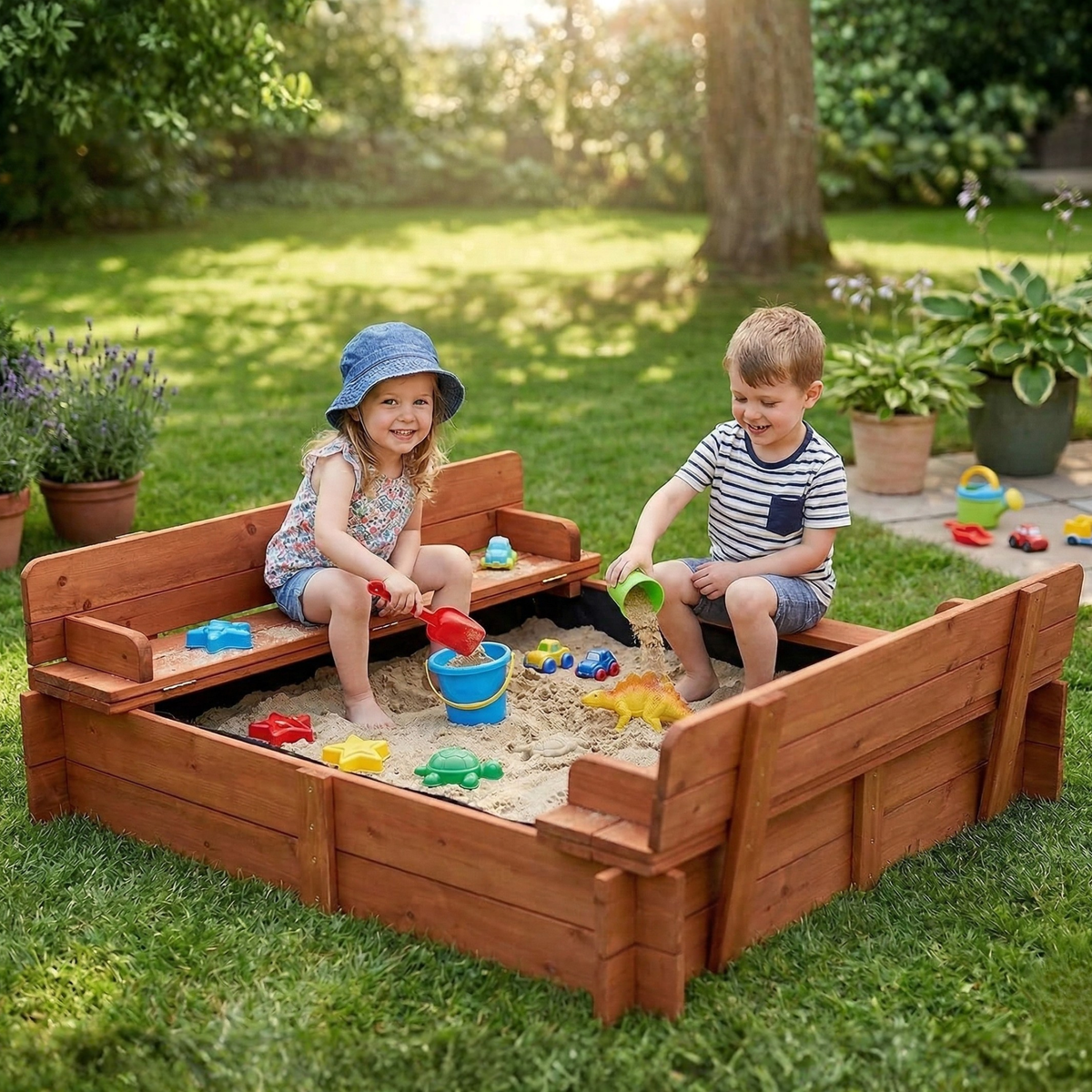 96cm Square Wooden Sandpit with Integrated Folding Lid - SGP Garden Ltd