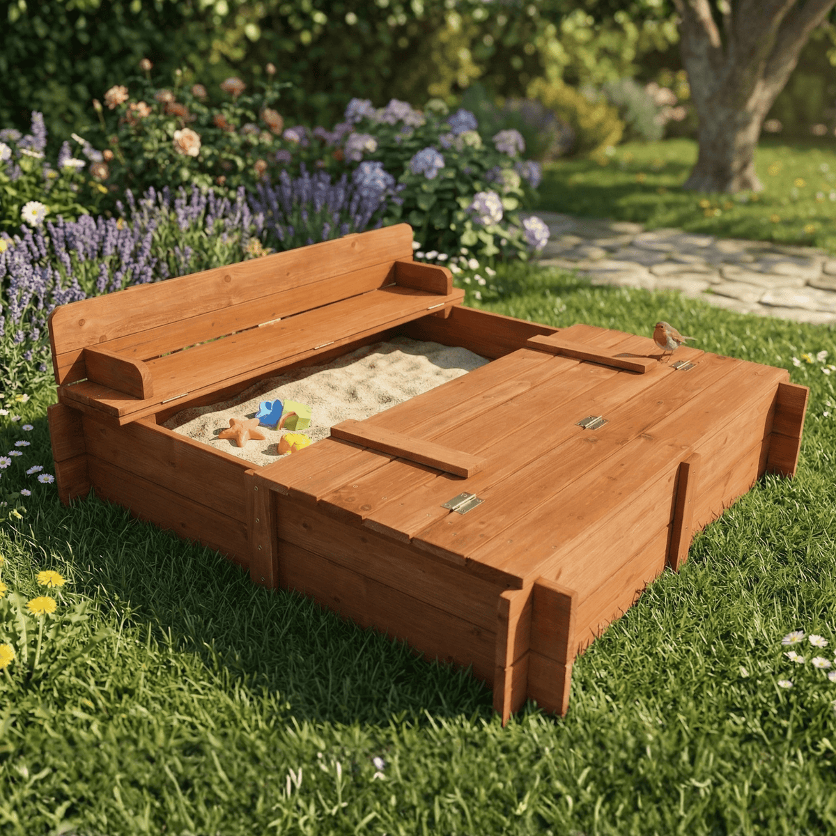 96cm Square Wooden Sandpit with Integrated Folding Lid - SGP Garden Ltd