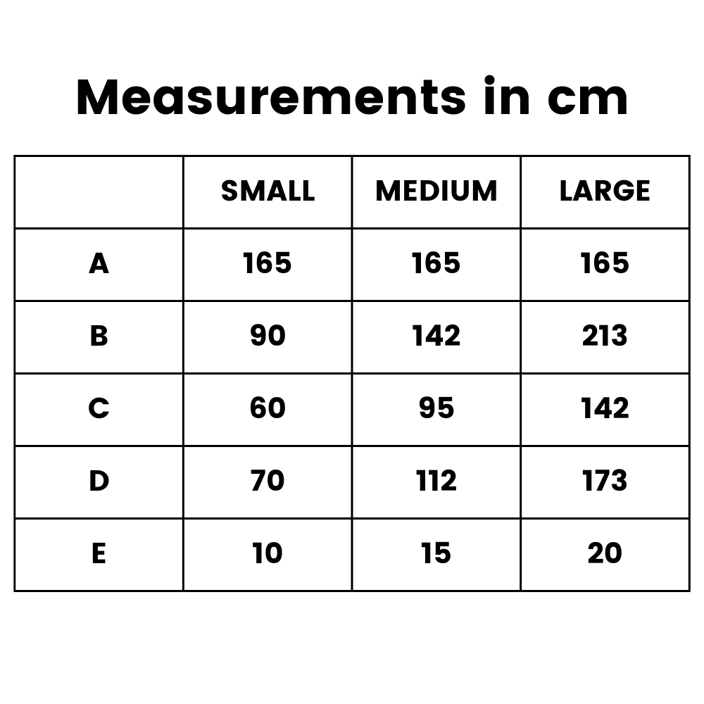 A size measurement chart titled 'Measurements in cm' showing a table with columns for Small, Medium, and Large sizes and rows labeled A through E with length values in centimeters.