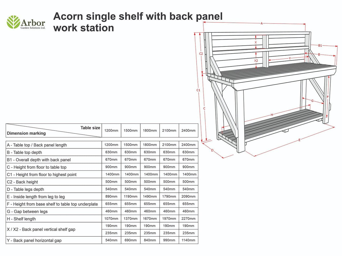 Acorn Wooden Workbench With Back Panel - SGP Garden Ltd