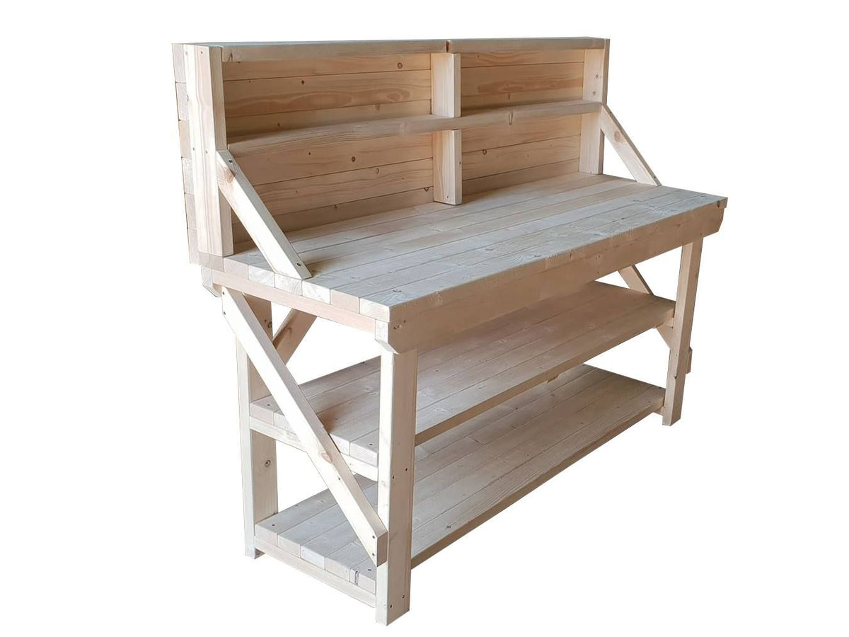 Acorn Wooden Workbench With Back Panel and Double Shelf - SGP Garden Ltd