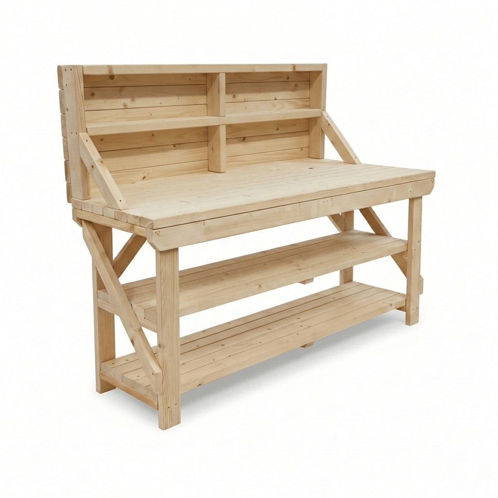 Acorn Wooden Workbench With Back Panel and Double Shelf - SGP Garden Ltd