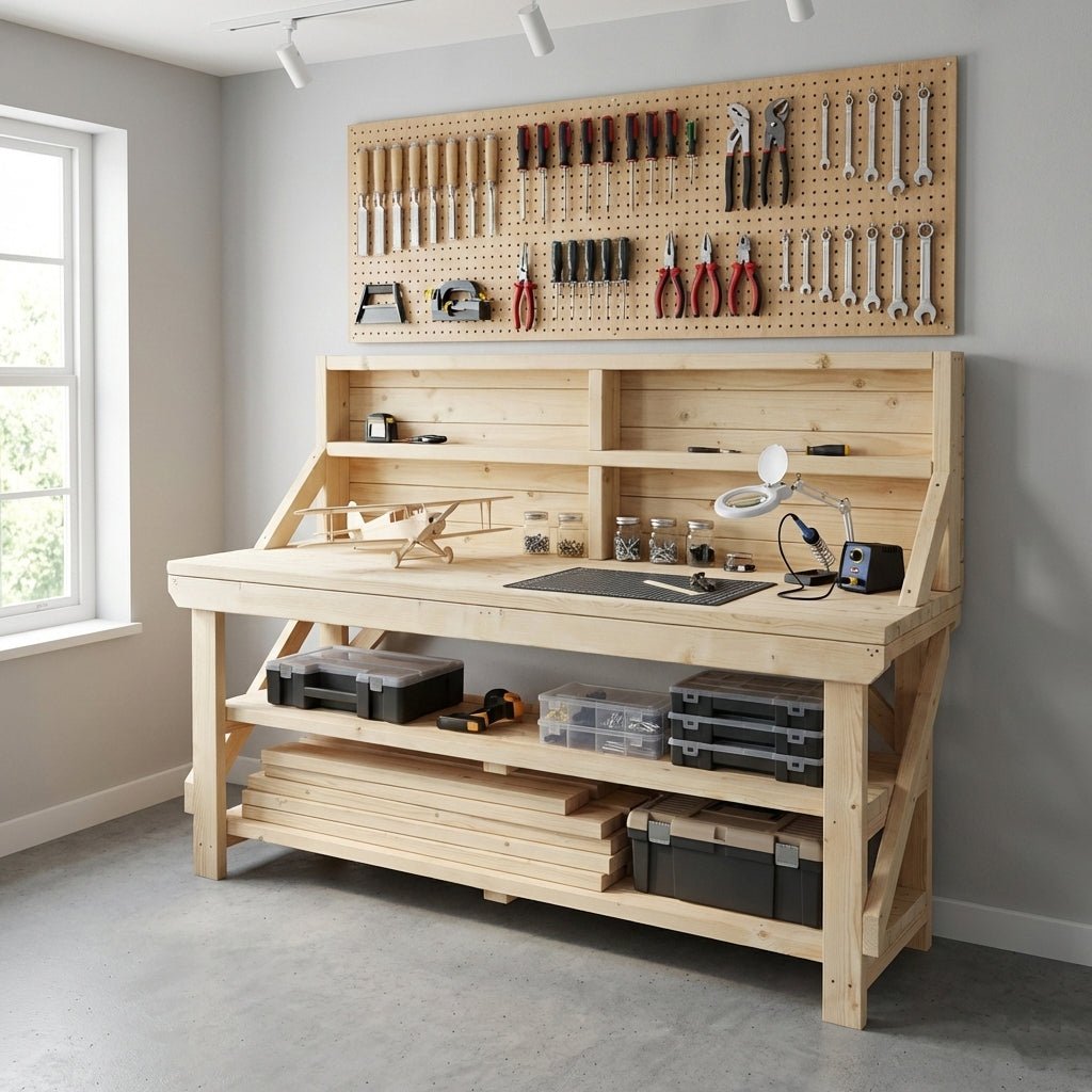 Acorn Wooden Workbench With Back Panel and Double Shelf - SGP Garden Ltd