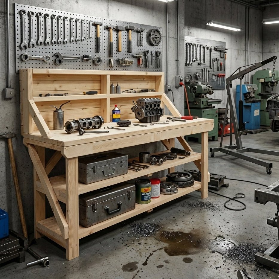 Acorn Wooden Workbench With Back Panel and Double Shelf - SGP Garden Ltd