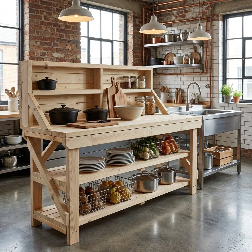 Acorn Wooden Workbench With Back Panel and Double Shelf - SGP Garden Ltd