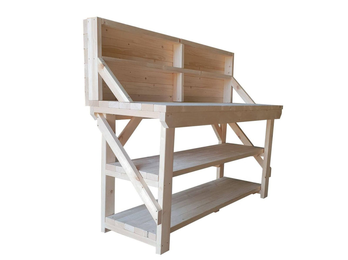 Acorn Wooden Workbench With Back Panel and Double Shelf - SGP Garden Ltd