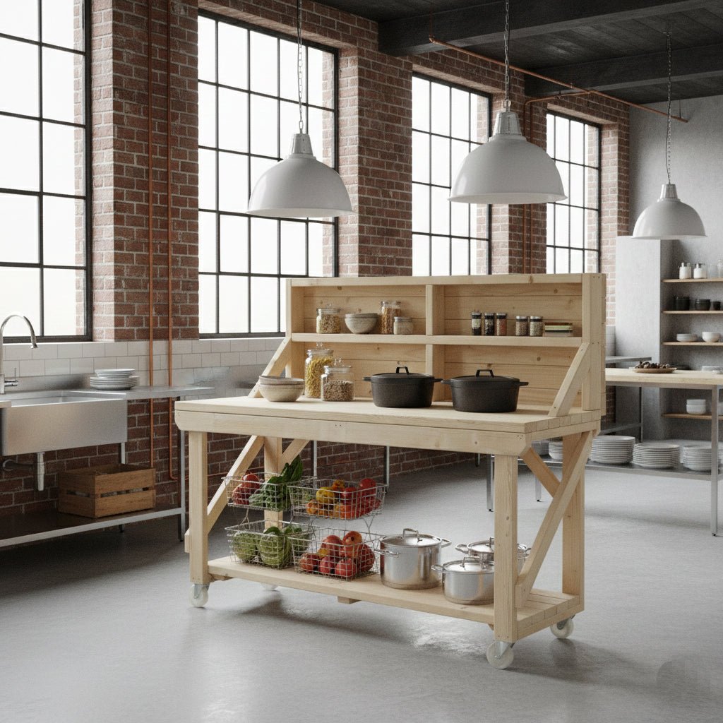 Acorn Wooden Workbench With Back Panel and Wheels - SGP Garden Ltd
