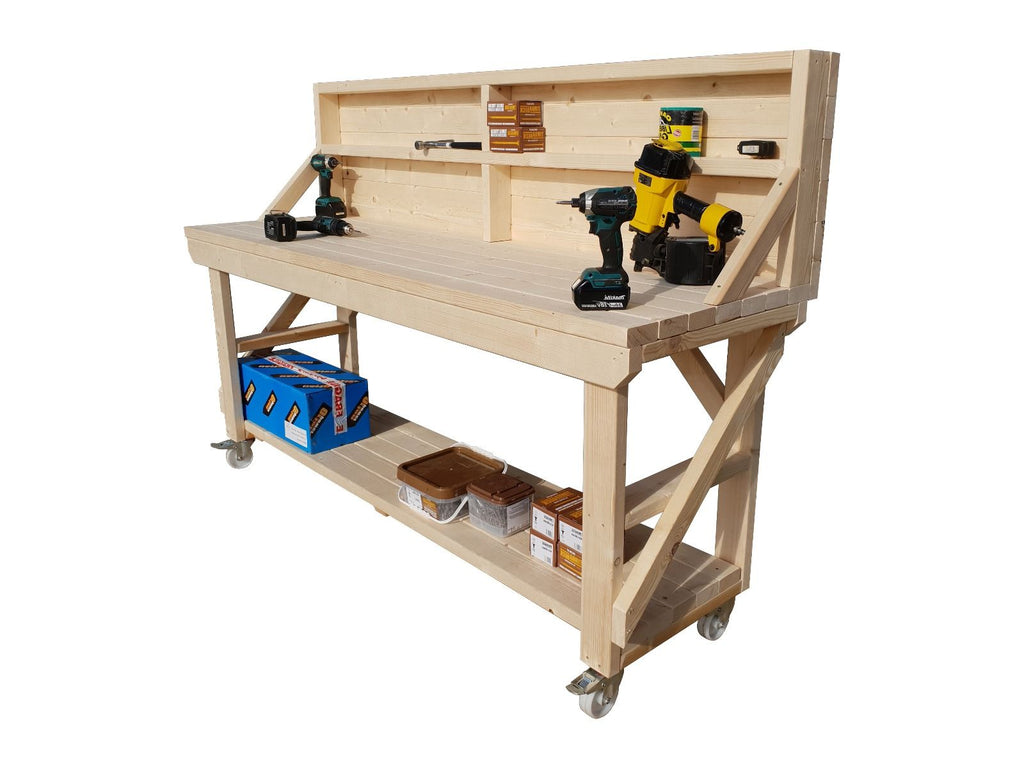 Acorn Wooden Workbench With Back Panel and Wheels - SGP Garden Ltd