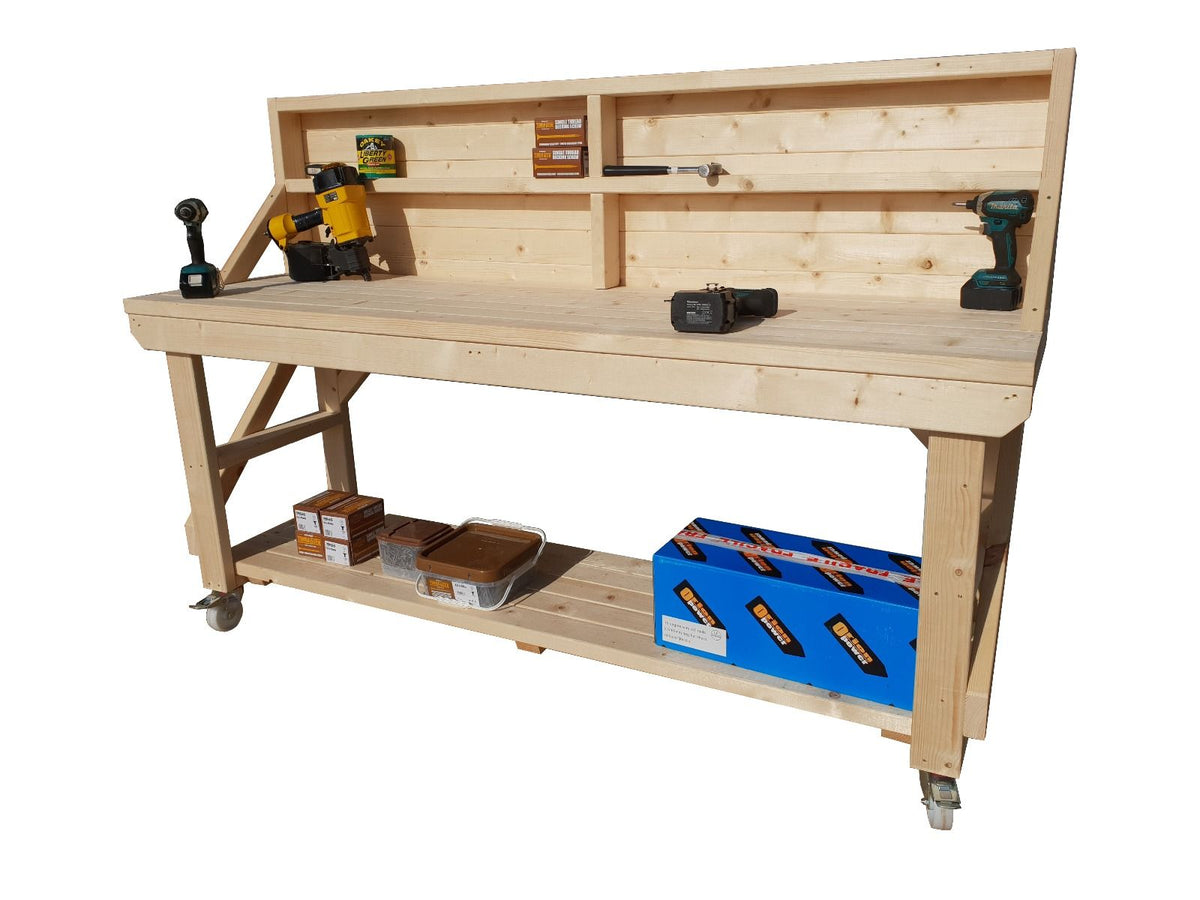 Acorn Wooden Workbench With Back Panel and Wheels - SGP Garden Ltd