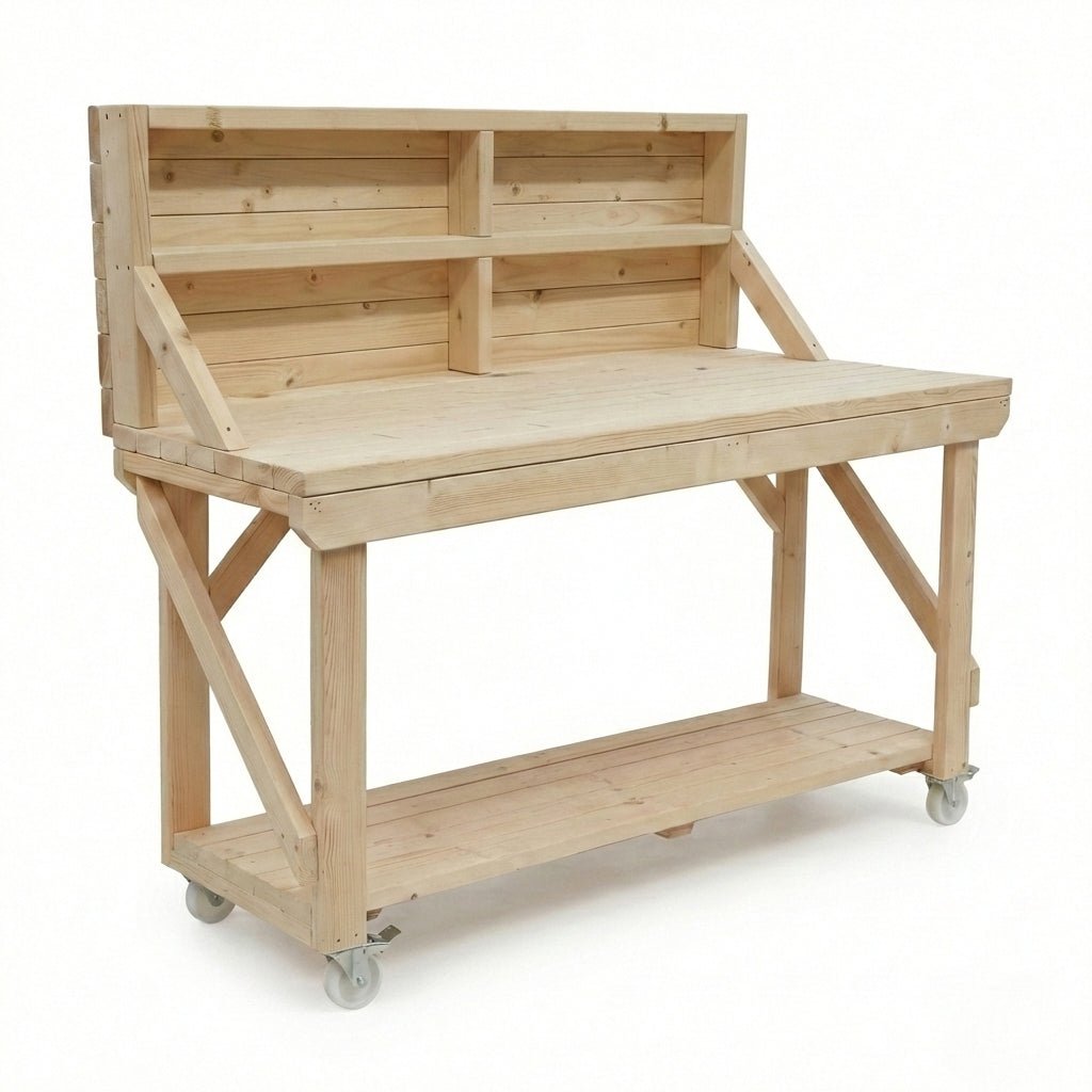 Acorn Wooden Workbench With Back Panel and Wheels - SGP Garden Ltd